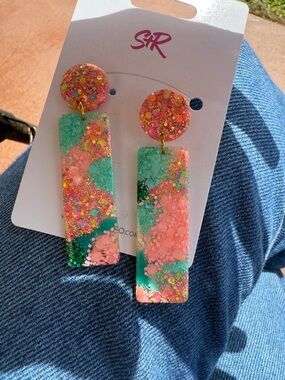 AND Pink & Green Glitter Resin Drop Earrings